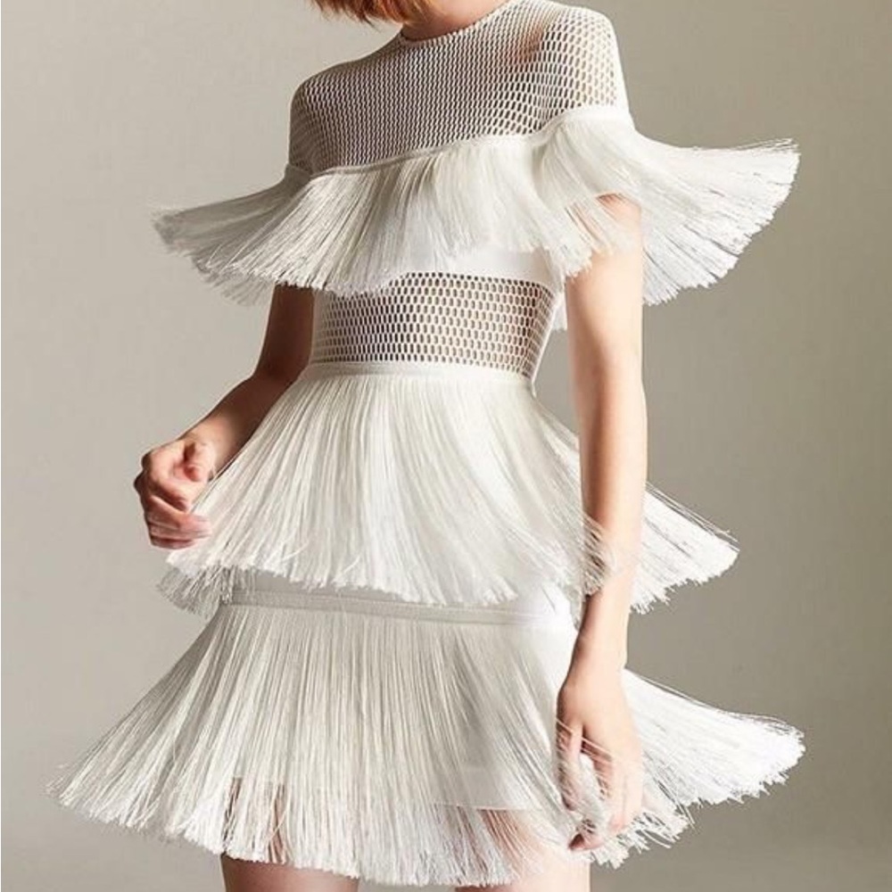 White Fringe Mesh Tiered Mini Dress